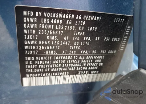 2018 Volkswagen Tiguan Limited z USA, uszkodzony, nr VIN WVGAV7AX6JK000080